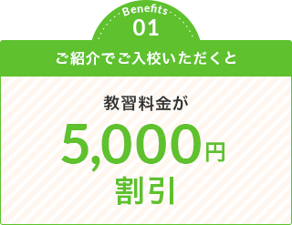Benefits 01 ご紹介でご入校いただくと 教習料金が 5,000円割引